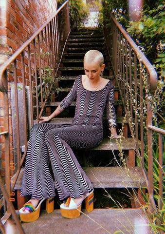 Catsuit Flared in Glitter Swirls & Black Velvet