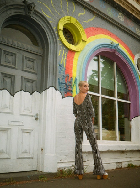 Catsuit Flared in Glitter Swirls & Black Velvet