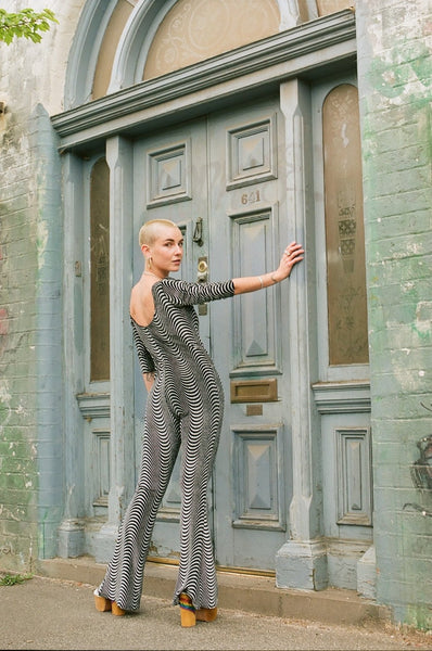Catsuit Flared in Glitter Swirls & Black Velvet
