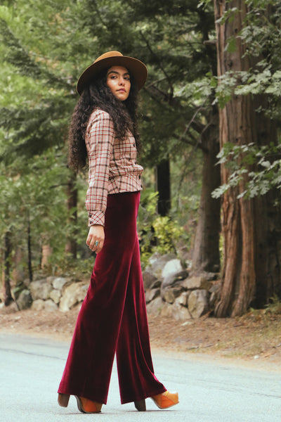 Plain Velvet Flares - Wide Leg Burgundy Plum Wine