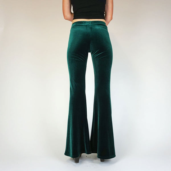 Bottle Green Plain Velvet Flares