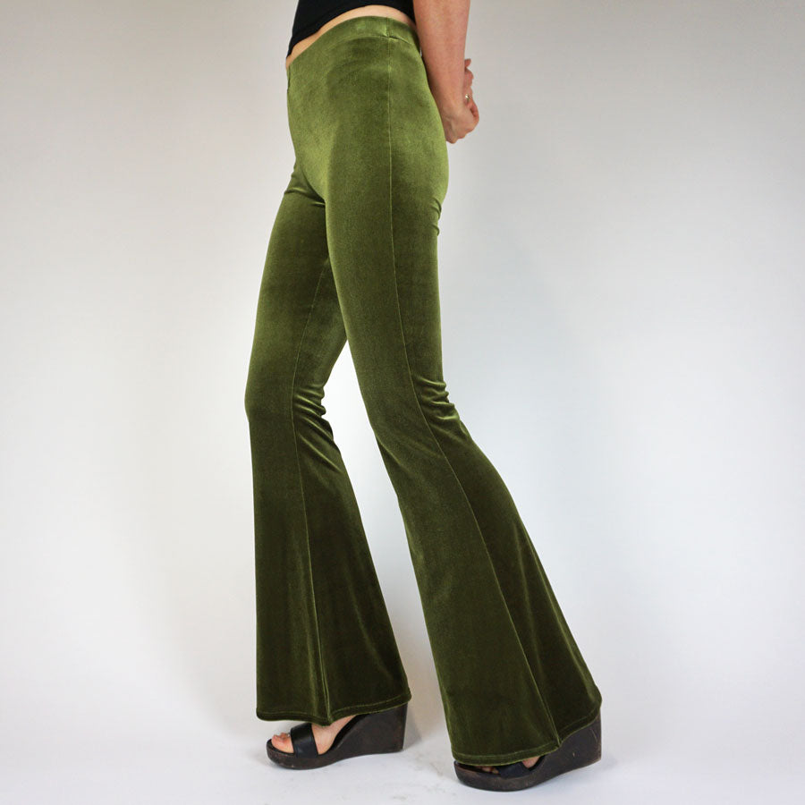 Deep Olive Green Plain Velvet Flares